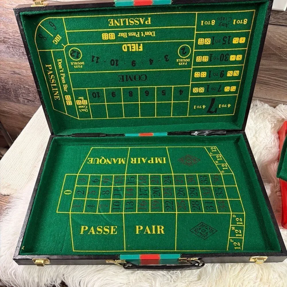 Vintage Casino Game Set/Case Roulette Craps Poker Chips Cards Baccarat Flawed